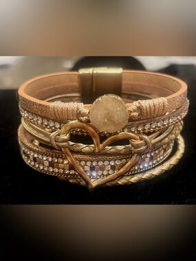 Gold-Tone Heart Layered Bracelet with Druzy Accent